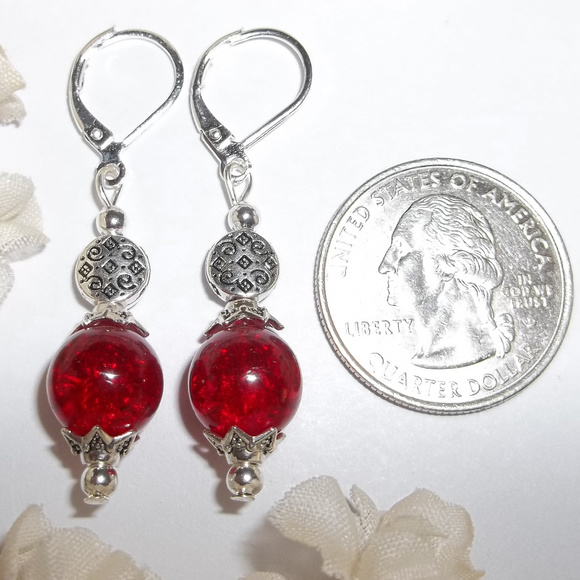 Ruby Red Crackled Glass Earring Silver Dangle Drop Earring Earring Earrings 4773 - Picture 2 of 8
